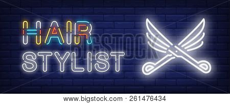 Hair Stylist Neon Text And Hairdressing Multi-blade Scissors. Hairdressing Salon, Style, Fashion Des