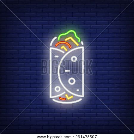 Lavash Wrap Neon Sign. Glowing Kebab In Lavash Bread. Food Concept. Night Bright Advertisement. Vect