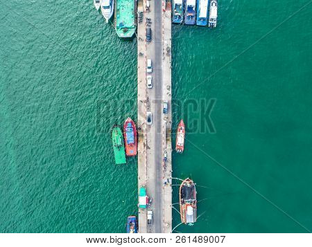 Fishing Boat In The Sea.aerial View And Top View.