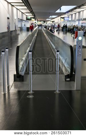 VIENNA, AUSTRIA - JANUARY 4, 2018:  Moving walkway  transportation from Schwechat International airport in Vienna.