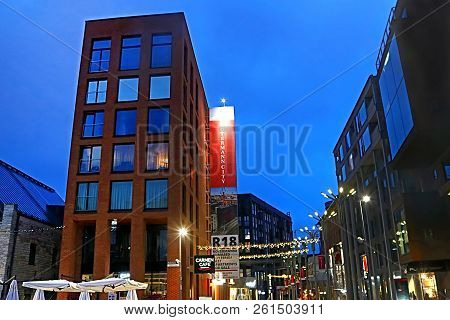 Tallinn, Estonia - August 30, 2018: Modern Architecture In Rotermann Quarter In The Evening