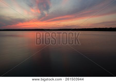 Beautiful Summer Sunset In The Lake Necko. Sunset Background