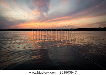 Beautiful Summer Sunset In The Lake Necko. Sunset Background