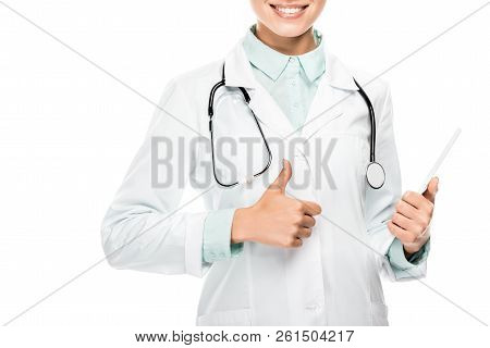 Partial View Of Female Doctor Holding Digital Tablet And Doing Thumb Up Gesture Isolated On White