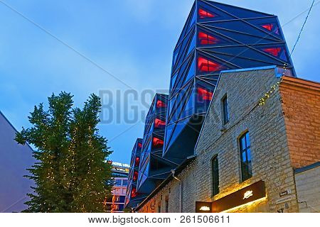 Tallinn, Estonia - August 30, 2018: Modern Architecture In Rotermann Quarter In The Evening
