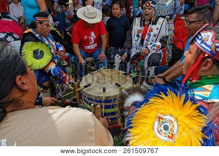 Bismark, North Dakota, September 9, 2018 : Drummers At The 49Th Annual United Tribes Pow Wow, One La