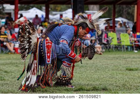 Bismark, North Dakota, September 9, 2018 : A Dancer Of The 49Th Annual United Tribes Pow Wow, One La