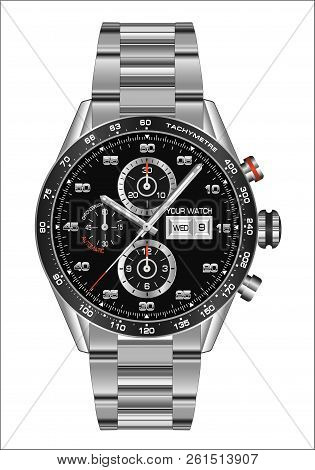 Realistic Watch Clock Chronograph Steel Black Face For Men Design Luxury On White Background Vector 