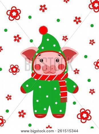 Happy New Year Cute Pig Postcard Chinese. Symbol Of The Year 2019 Vector Illustrtion