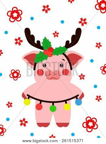 Happy New Year Cute Pig With Christmas Decorations Postcard Chinese. Symbol Of The Year 2019 Vector 