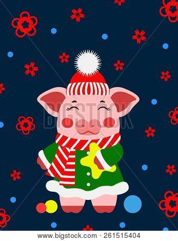 Happy New Year Cute Pig With Star Postcard Chinese. Symbol Of The Year 2019 Vector Illustrtion