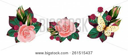 Set Bouquets Of Rose, Berry, Butterfly. Vector Beautiful Floral Wedding Design.