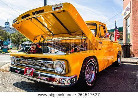 Matthews, North Carolina - September 3, 2018: A Restored Classic Chevrolet Pickup Truck Parked On Di