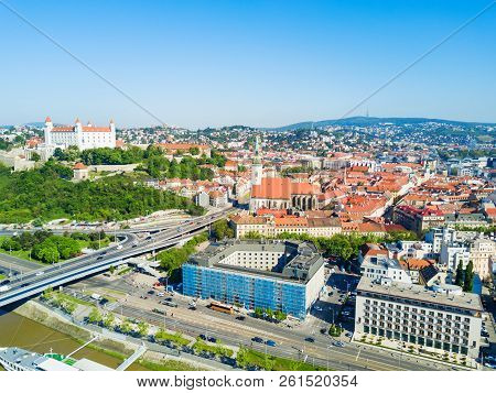 Bratislava Castle Or Bratislavsky Hrad And St. Martin Cathedral Aerial Panoramic View. Bratislava Is