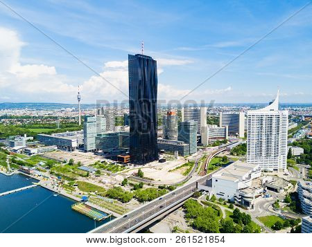 Danube City Aerial Panoramic View. Donaustadt Is The District Of Vienna, Austria. Danube City Is A M