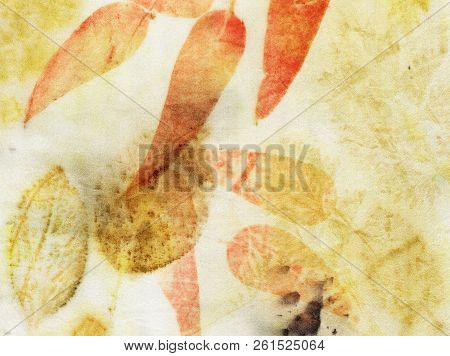 Botanical Print With Leaf Prints On Natural Silk. Hand-drawn Illustration.3