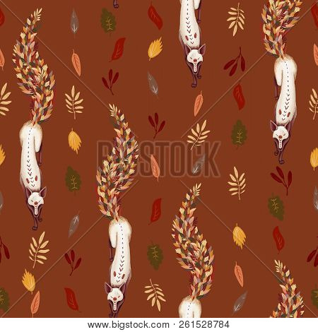 Seamless Pattern. Fox With The Tail Of Fallen Autumn Leaves. Leaf Fall. On A Dark Orange Background.