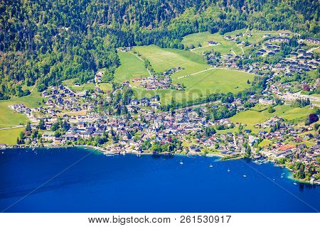 Wolfgangsee Lake Aerial Panoramic View From Schafberg Viewpoint, Upper Austria. Wolfgangsee Lake Loc