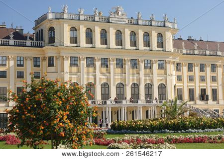 VIENNA, AUSTRIA - SEPTEMBER 18, 2018: Tourists at  Schonbrunn palace, a former imperial summer residence. Schonbrunn palace,and gardens is listed as UNESCO World Heritage site
