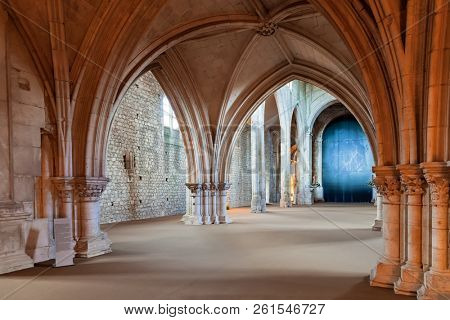 Santarem, Portugal - September 11, 2017: Bellow the Rood Screen or Choir Screen in the Church of Convento de Sao Francisco Convent. 13th century Mendicant Gothic. Franciscan Religious Order