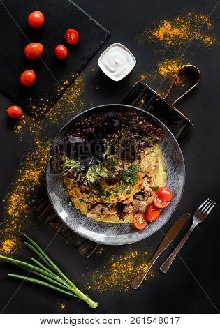 Belorussian National Food - Draniki. Traditional Eating Concept. Dark Background With Plate With Pan