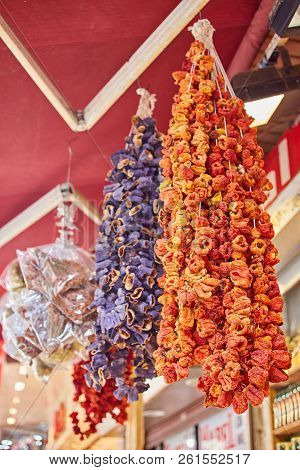 Colorful Spices At Spice Bazaar In Istanbul, Turkey