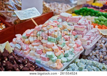 Turkish Traditional Sweets, Rahat Lukum In Counter In The Grand Bazar Market, Istanbul
