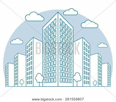 City View With High Buildings, Clouds, Trees, Landscape With Street Blocks, Modern Residential And T
