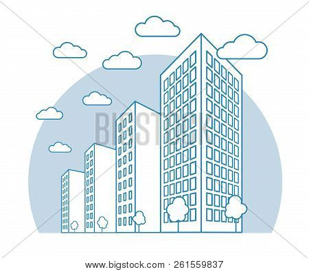 City View With High Buildings, Clouds, Trees, Landscape With Street Blocks, Modern Residential And T
