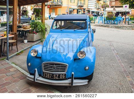 Tende, France - September 4, 2014: Classic Blue Car, Parked On A Street  Of Tende Town In French Alp