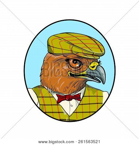 Drawing Sketch Style Illustration Of Head Of A Hawk Or Falcon Outdoorsman Or Hunter  Wearing A Flat 