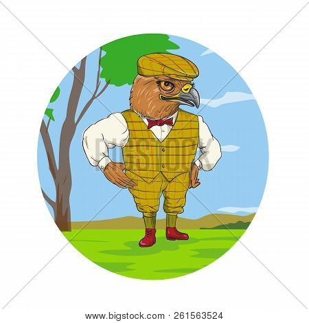 Drawing Sketch Style Illustration Of A Hawk Or Falcon Outdoorsman Or Hunter  Wearing A Flat Cap Or B
