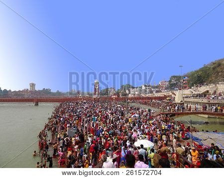 Haridwar, Uttarakhand / India - 24th May 2018 : Religious Hindu People Bathing At Famous Har Ki Paur