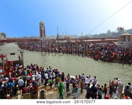 Haridwar, Uttarakhand / India - 24th May 2018 : Religious Hindu People Bathing At Famous Har Ki Paur