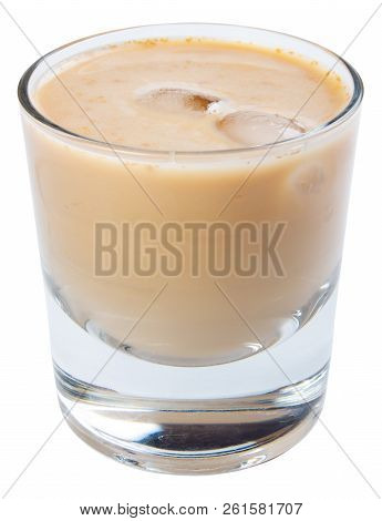 Irish Cream Alcohol Cocktail With Ice In A Short Glass. Isolated On A White Background