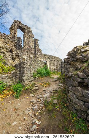 Inner Courtyard Of Nevytsky Castle Ruins. Popular Tourist Destination In Ukraine. Beautiful Autumn W