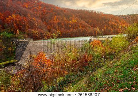 Dam Of Water Reservoir On The Tereblya River Of Transcarpathia, Ukraine. Beautiful Autumn Scenery Wi