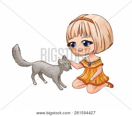 Little Chibi Girl Stroking A Cat. Cute Anime Illustration Suitable For Print On Children's Schoolbag