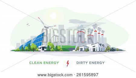 Vector Illustration Showing Clean And Dirty Electricity Generation Production. Polluting Fossil Ther