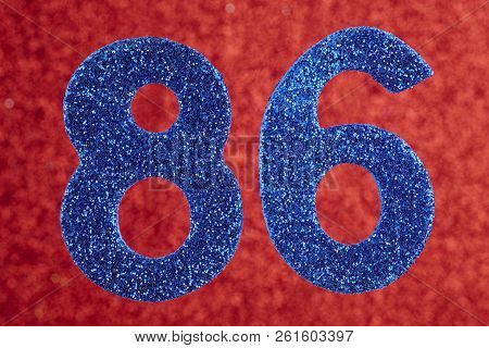 Number Eighty-six Blue Color Over A Red Background. Anniversary. Horizontal