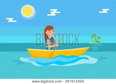 Kayaking Girl Sitting In Boat And Holding Oar, Summer Sport Activity Outside, Cartoon Flat Vector Il