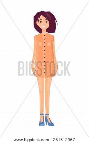 Cheerful Brunette In Cute Summer Gown, Color Icon, Vector Illustration, White Backdrop, Outfit, Pret
