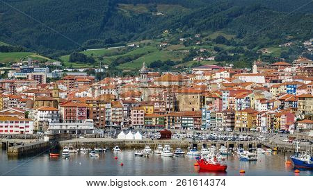 Bermeo Village And Port Against The Mountain