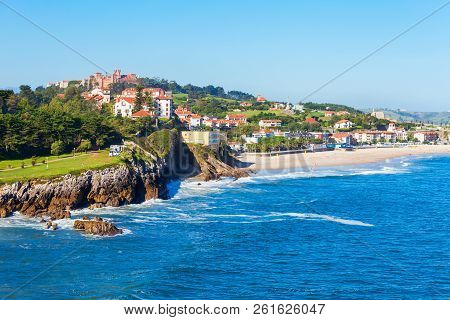 Comillas City Cliff Aerial Panoramic View, Cantabria Region Of Spain