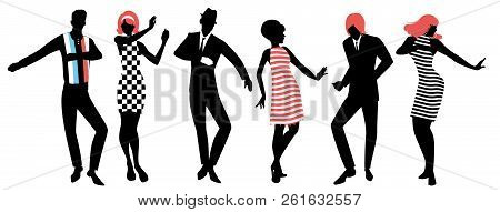 Elegant Silhouettes Of People Wearing Clothes Of The Sixties Dancing 60S Style Isolated On White Bac