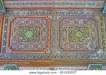 Yangon, Myanmar - February 27, 2018: The Ceiling Of Tharrawaddy Min Bell House In Shwedagon Complex 