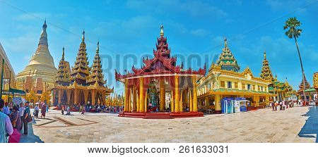 Yangon, Myanmar - February 27, 2018: Panorama With Main Shwedagon Stupa, Gautama Buddha Image House,