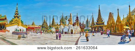 Yangon, Myanmar - February 27, 2018:  Panorama Of Shwedagon Pagoda Complex With Victory Ground (poin