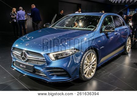 Paris - Oct 2, 2018: Mercedes-amg A 35 4matic Hatchback Car Unveiled At The Paris Motor Show.