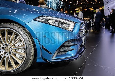Paris - Oct 2, 2018: Close Up Of The Mercedes-amg A 35 4matic Hatchback Car Unveiled At The Paris Mo